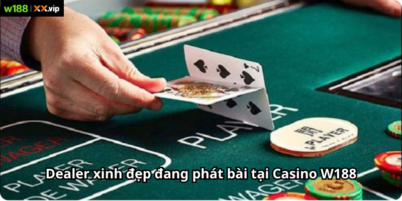 Dealer xinh đẹp đang phát bài tại Casino W188
